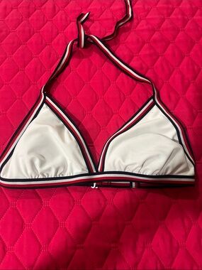 Tommy Hilfiger White Triangle Bikini Top with Navy & Red Trim
